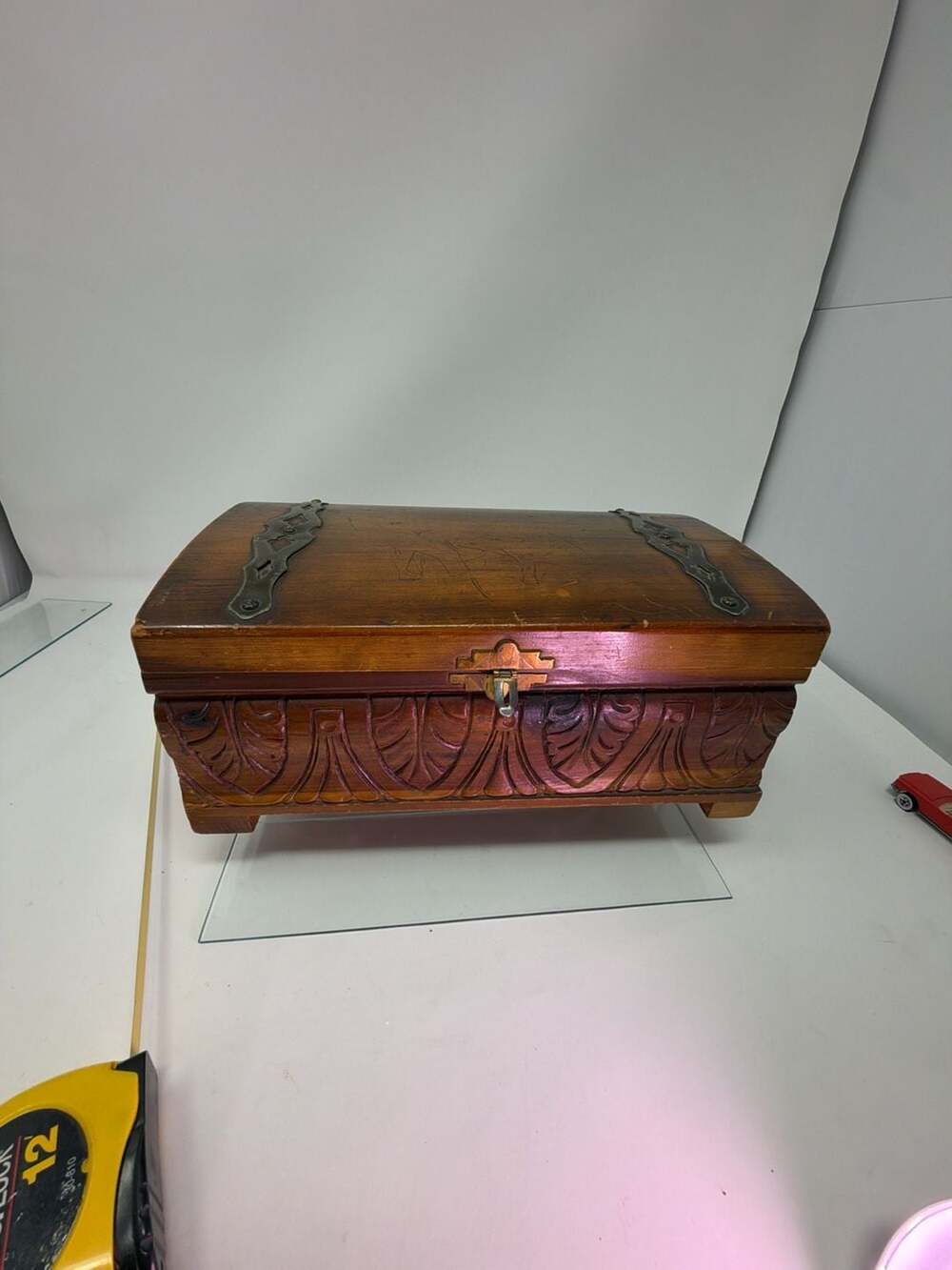Vintage Hand Carved Wooden Jewelry Box With Metal Straps And Latch